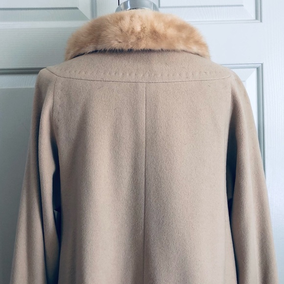 Vintage Cashmere Mink Fur Collar Pockets Coat Jacket Beige Size Large - Picture 8 of 16
